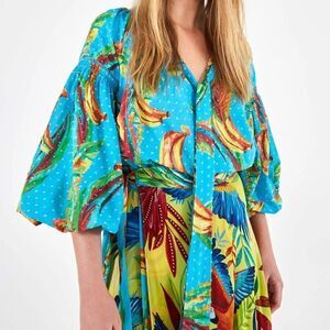 Farm Rio Banana Sky Blouse Size XS NWT Tie Neck Swiss Dot Cotton Balloon Sleeve